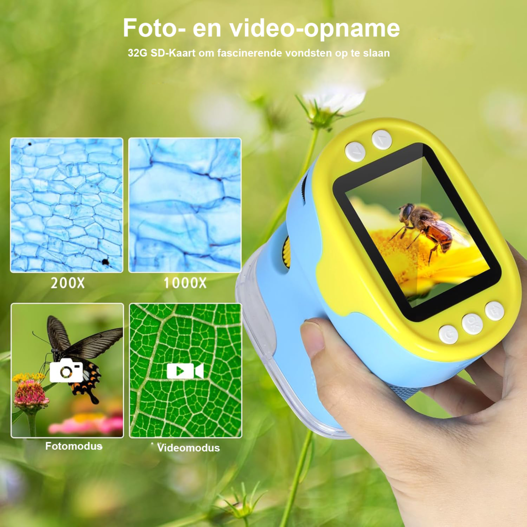 Digitale kindermicroscoop 200x 1000x vergroting HD scherm zakmicroscoop educatief starterset 32GB SD kaart