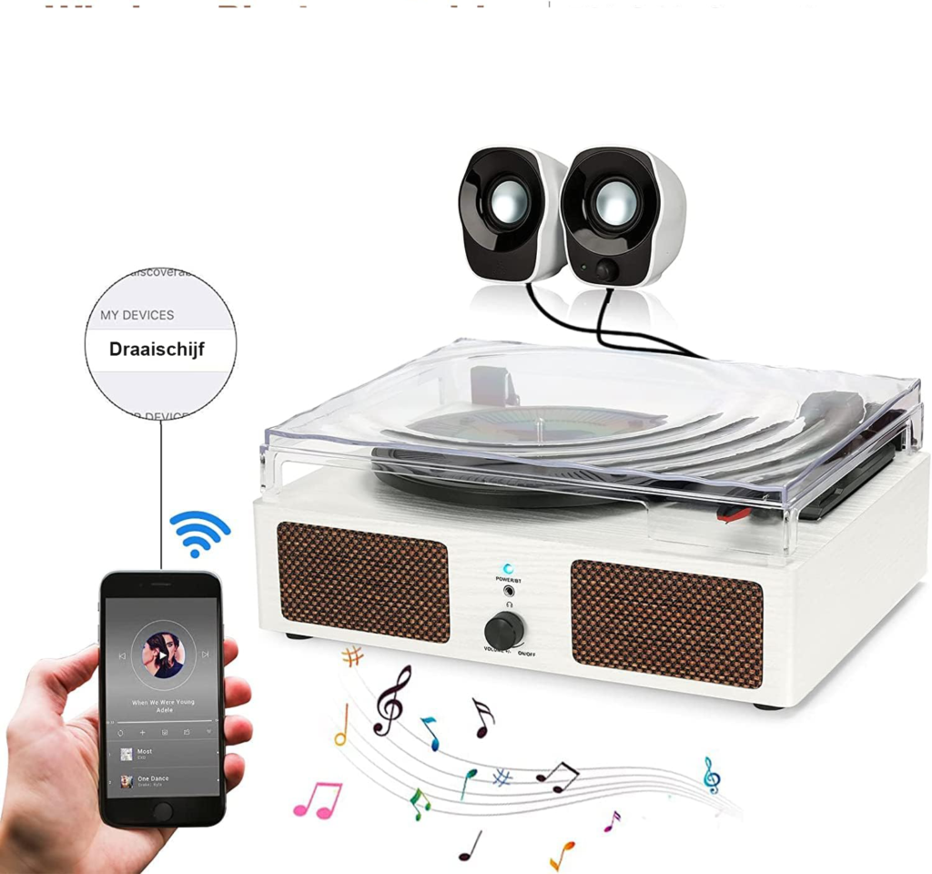 Platenspeler wit met ingebouwde speakers Bluetooth vinyl speler 3 snelheden 33 45 78 RPM USB en RCA aansluiting vintage draaitafel