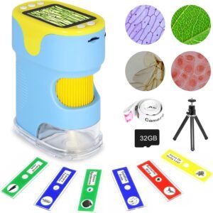 Digitale kindermicroscoop met HD scherm – Zakmicroscoop voor educatief gebruik – 200x tot 1000x vergroting – 32GB SD kaart + 6 preparaten