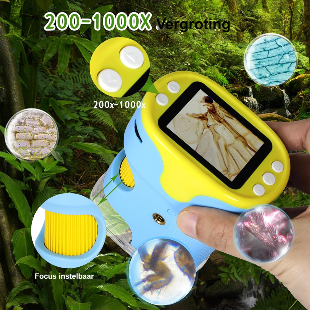 Digitale kindermicroscoop 200x 1000x vergroting HD scherm zakmicroscoop educatief starterset 32GB SD kaart