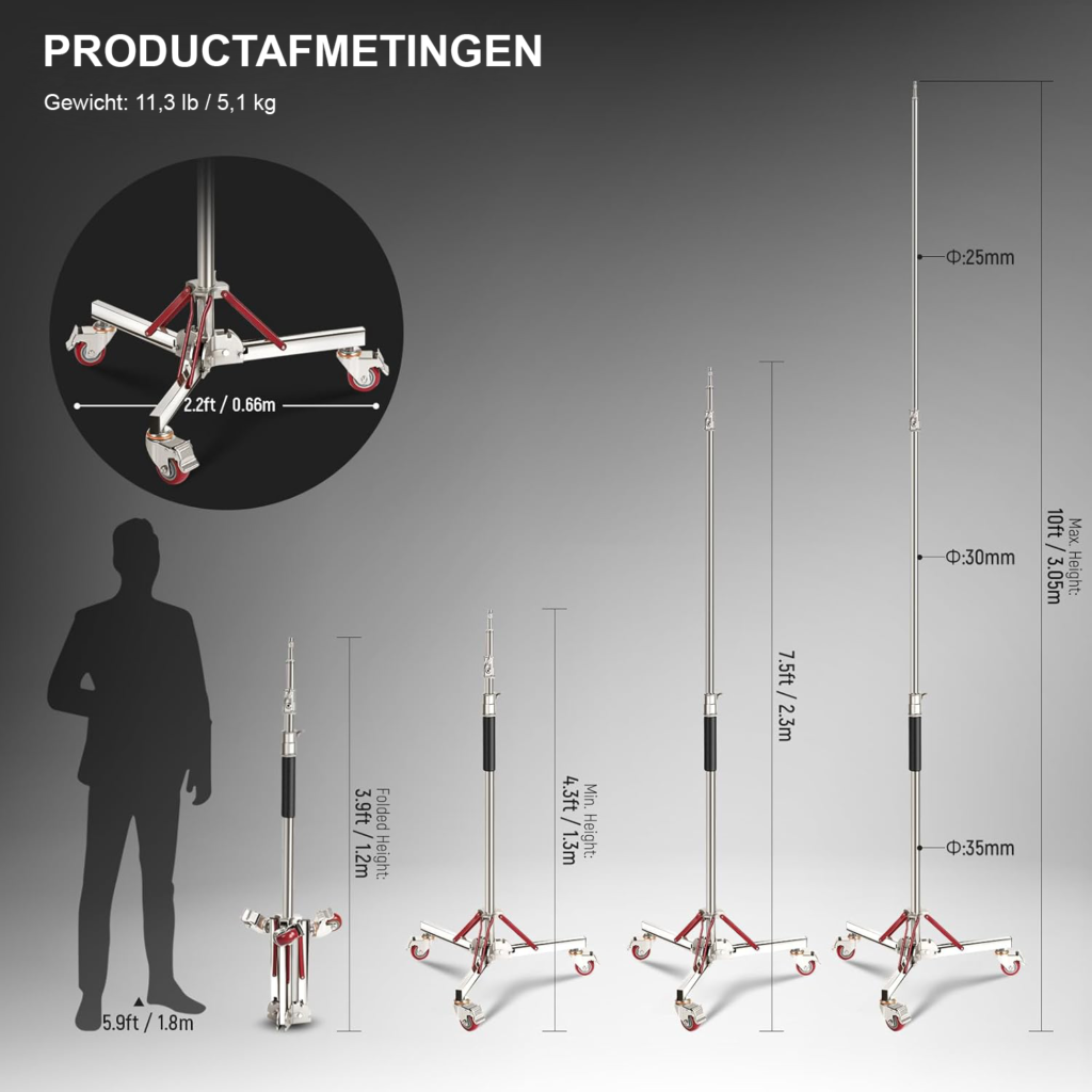 Zwaar luchtkussen lichtstatief met wielen, verstelbaar roestvrijstalen tripod voor studioverlichting en fotografie apparatuur