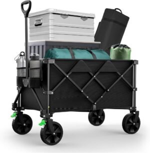 Opvouwbare bolderkar met verstelbare duw- en trekstang, stevige transportkar met all-terrain zwenkwielen voor camping en boodschappen in zwa