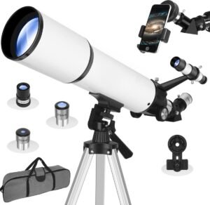 Telescoop voor beginners 80mm – Sterrenkijker refractor voor astronomie – Smartphone adapter en statief – 600mm brandpuntsafstand