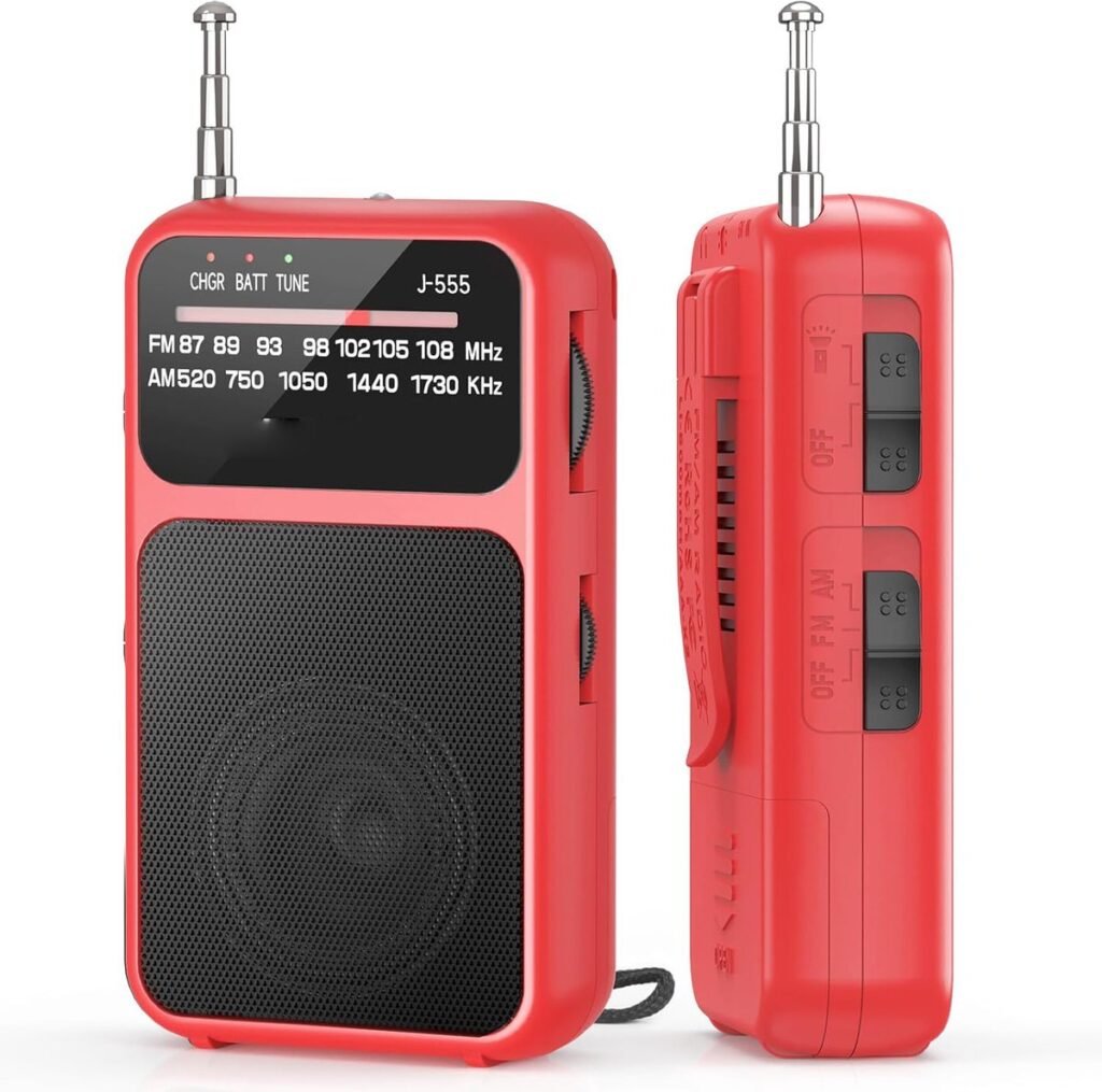 Draagbare mini radio rood oplaadbaar 800mAh AM FM pocket radio USB-C met clip en koord compacte noodradio reisradio