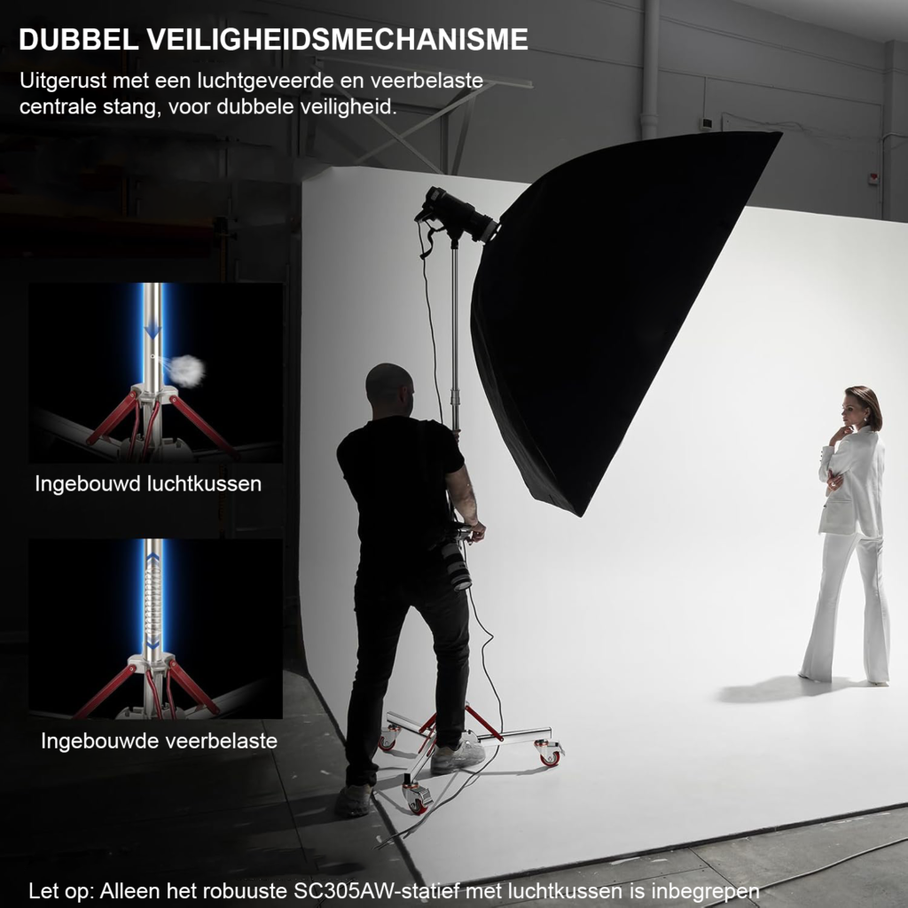 Zwaar luchtkussen lichtstatief met wielen, verstelbaar roestvrijstalen tripod voor studioverlichting en fotografie apparatuur