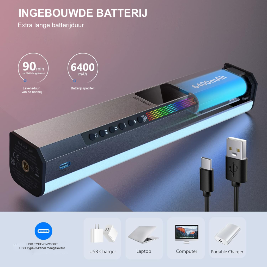 LED videolamp RGB lichtstaaf met app bediening, magnetische LED lichtbalk, full colour verlichting, 17 lichtscènes en oplaadbare 6400mAh batterij voor foto- en videografie.