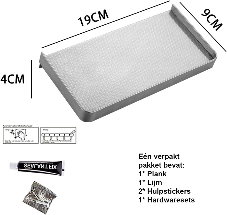 Set van 2 zelfklevende douche caddy van roestvrij staal 304, wandgemonteerd douche opbergrek zonder boren voor badkamer en doucheorganizer 19 cm