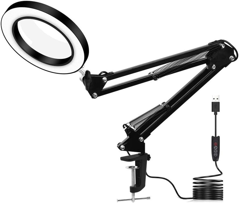 Loeplamp bureau met klem 5x vergroting dimbare LED lamp 10 helderheidsniveaus verstelbare 17 inch arm craft werk lamp