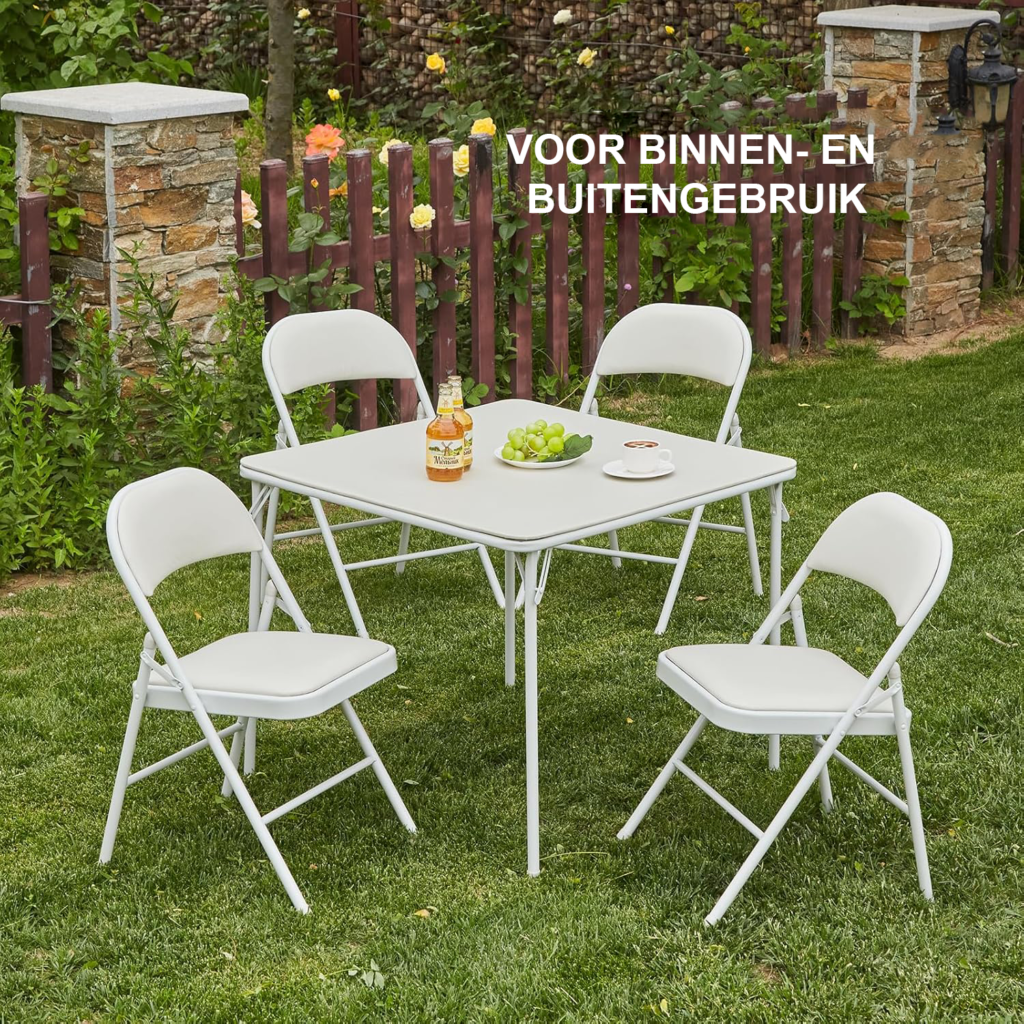 Vouwbare witte tafel 85 cm vierkant met vinyl blad en inklapbare poten draagbare eetkamertafel voor binnen en buiten gebruik