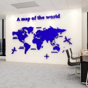Wereldkaart Muurschildering – Grote Wanddecoratie met Gedetailleerde Kaartweergave – Educatieve Muursticker voor Woonkamer en Kantoor – 120 x 60 cm
