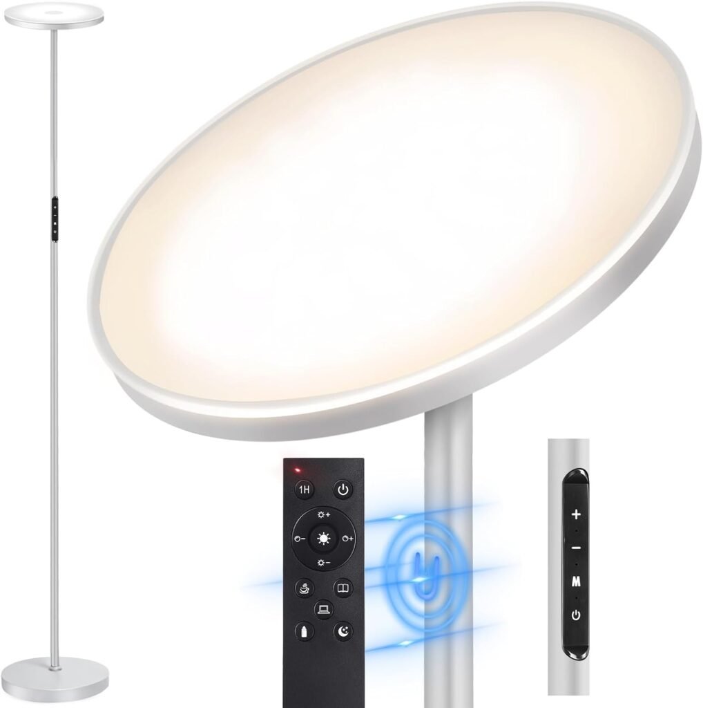 LED vloerlamp dimbaar moderne staande lamp 30W 3000 lumen met afstandsbediening 4 kleurtemperaturen traploos verstelbaar zilveren vloerlamp voor woonkamer en kantoor
