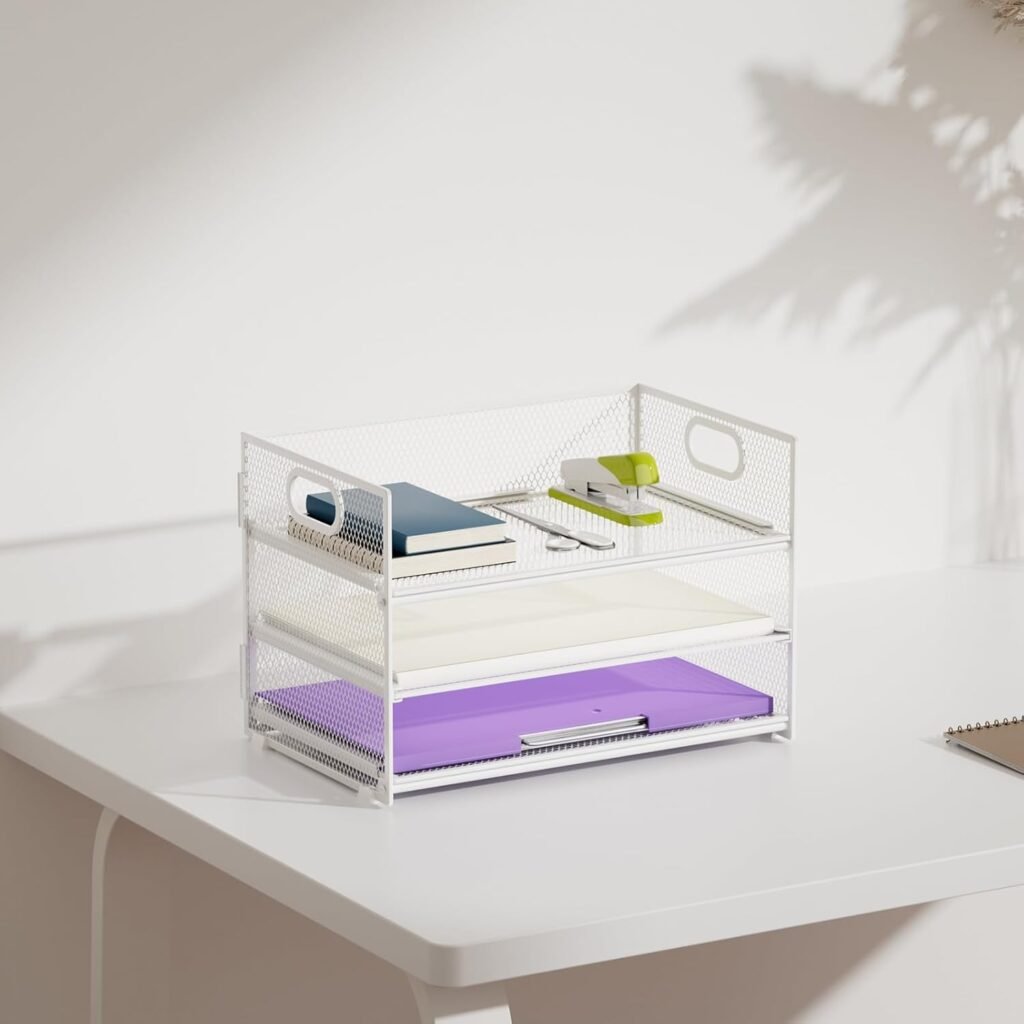 Bureau organizer wit 3 lagen met handvat mesh documentenhouder briefbak voor bureauaccessoires en thuiswerk opslag