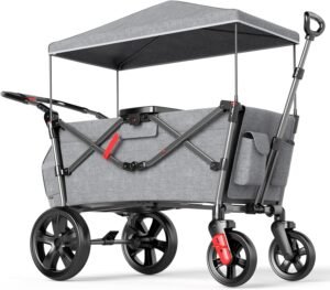 Opvouwbare bolderkar met dak – kinder bolderwagen 2 zitplaatsen – transportkar met veiligheidsgordel en rem – verstelbare duw- en trekstang