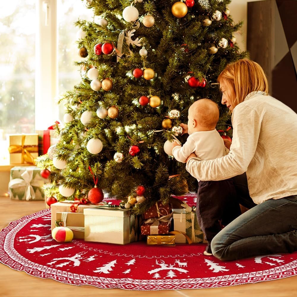 Kerstboomdeken groot 120cm rond geweven kerstboomrok rood kerstboomdecoratie voor feestelijke kerstboom versiering thuis