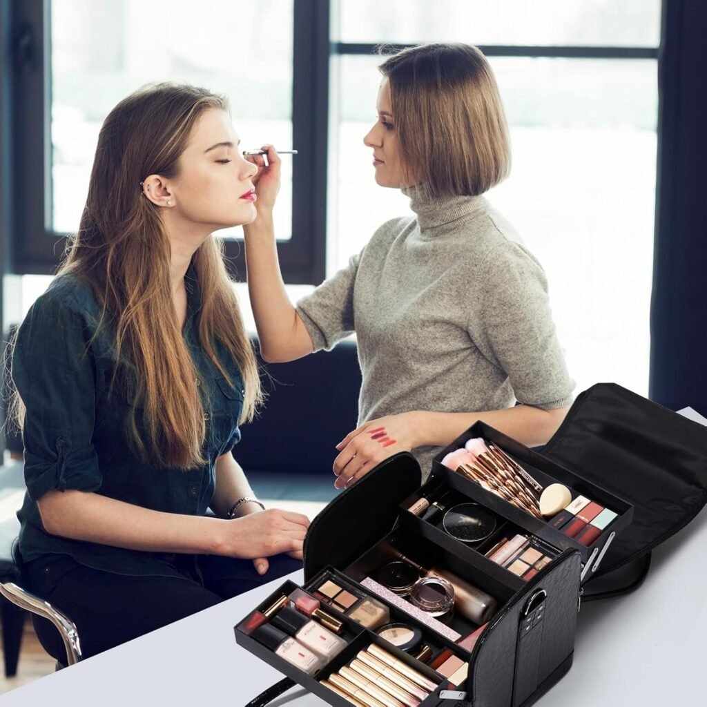 Make-up koffer groot - Cosmetica organizer reistas - Opvouwbaar met uitneembare plastic boxen - Zwart met schouderriem