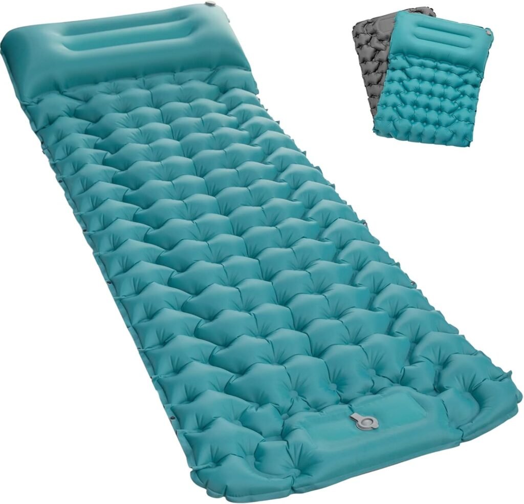 Zelfopblazende camping slaapmat met geïntegreerd kussen en voetpomp, ultralicht opvouwbaar luchtbed voor tent, trekking en backpacken, compact draagbaar outdoor kampeermatras