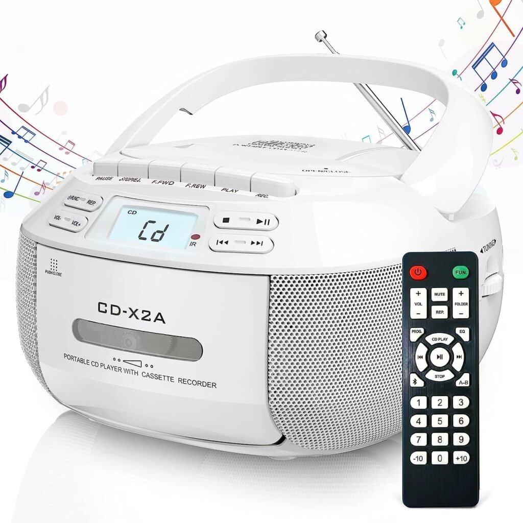 Draagbare CD speler boombox met cassette, Bluetooth, FM radio, USB/AUX en afstandsbediening, stereo geluid en AC/DC voeding