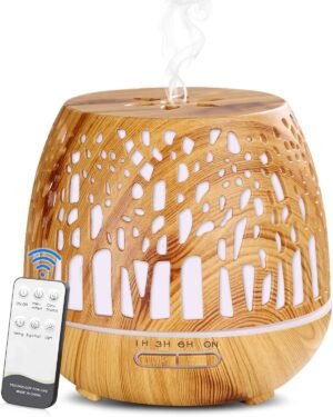 Geurverspreider met afstandsbediening aromatherapie diffuser voor etherische oliën met houtsnijwerk design en instelbare helderheid voor binnengebruik