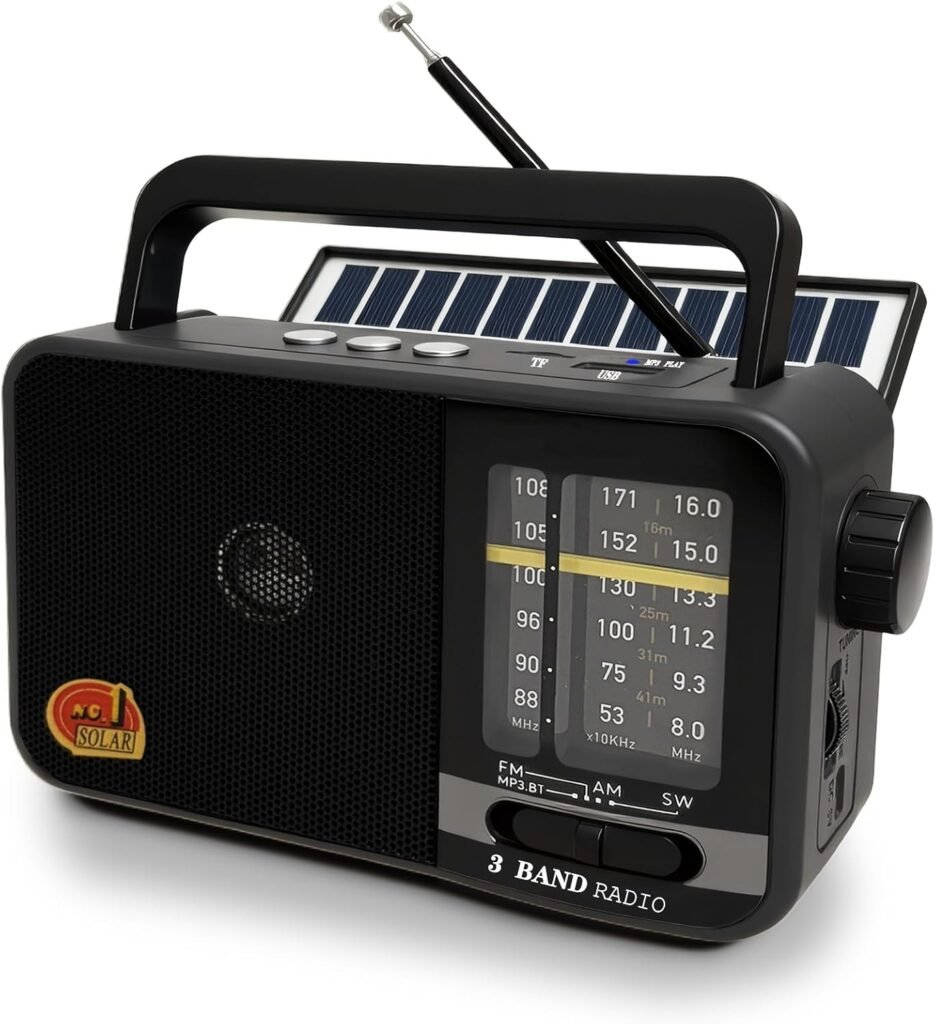 Compacte noodradio met zonnepaneel, Bluetooth en USB/TF ondersteuning, draagbare outdoor radio met oplaadbare accu voor camping en gebruik binnenshuis.