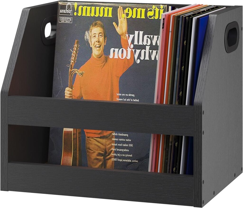 Houten vinyl platen opbergbox met handvat – LP organizer voor albums, boeken en foto’s – trapezium design zwart 38 x 29 x 29 cm