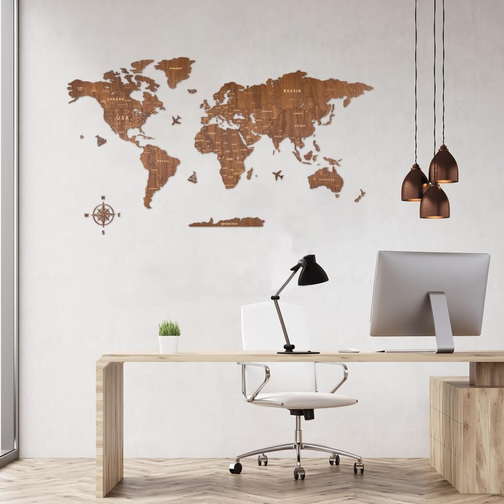 Houten wereldkaart wanddecoratie van notenhout 150x85 cm voor muurdecoratie in woonkamer of kantoor