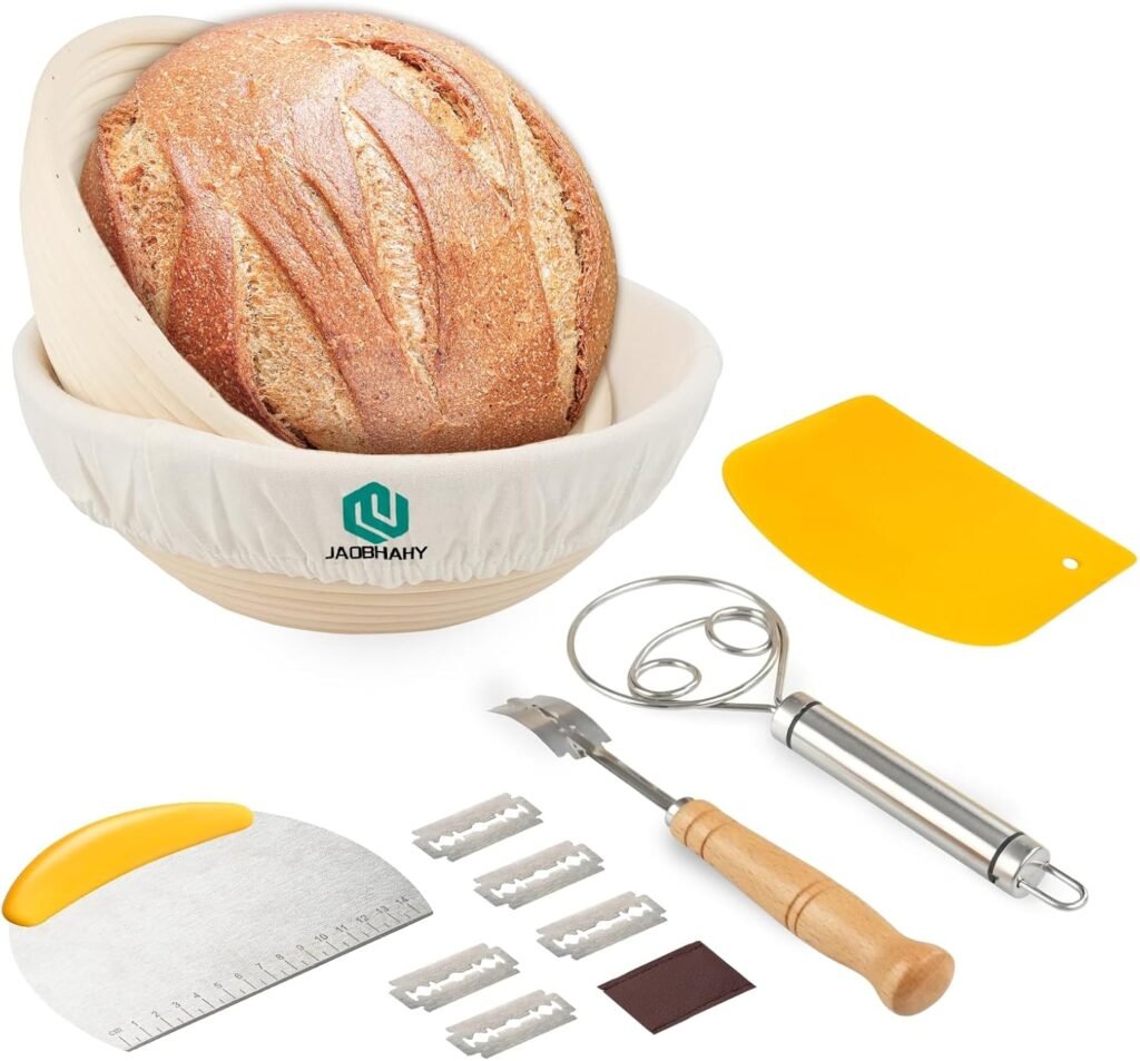 Broodrijsmand set van 2 met linnen liner en bakgereedschap voor broodbakken inclusief deegschraper en broodmes 23 cm ronde rijsmanden
