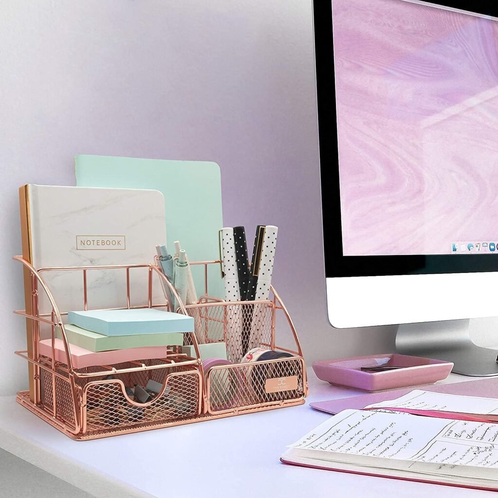 Roze gouden bureau organizer met pennenhouder telefoonhouder en opbergvak metaal kantoor en school accessoire