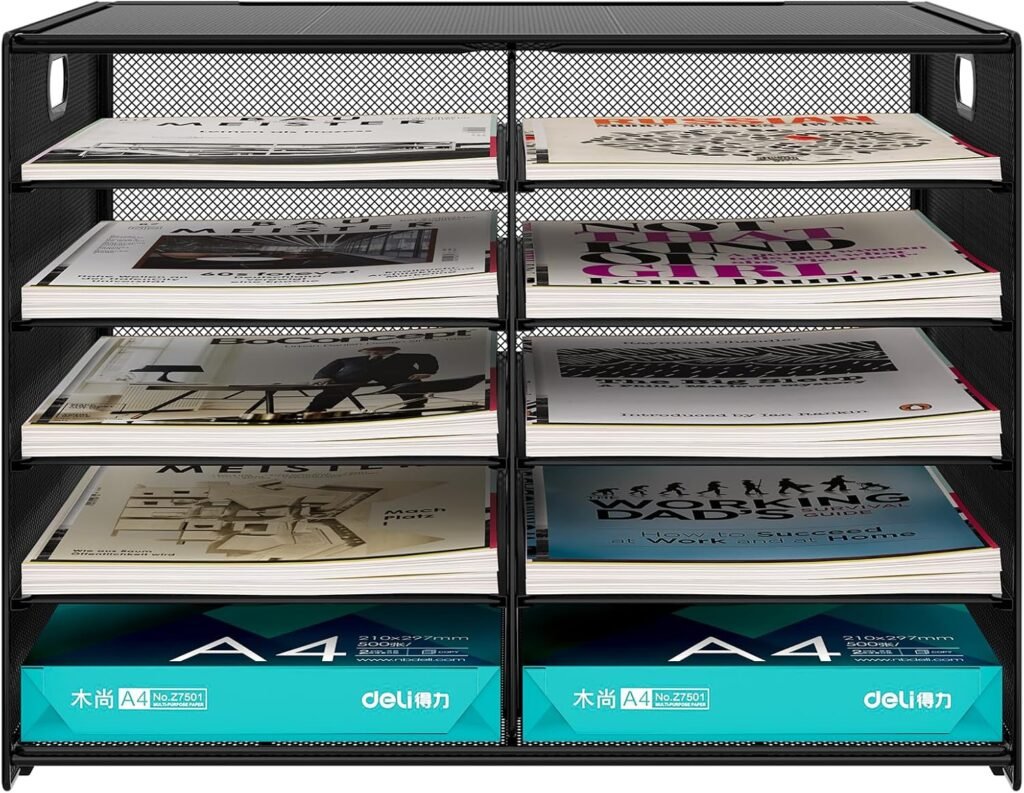 Metalen bureau organizer 10 vakken zwart - A4 documentenhouder en brievenbakje - opbergsysteem voor dossiers mappen en magazines - kantoor en thuis gebruik