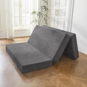 Opvouwbaar vloermatras ribfluweel – Driedubbel logeermatras – Wasbare hoes ruimtebesparend – 10 cm tweepersoons antraciet