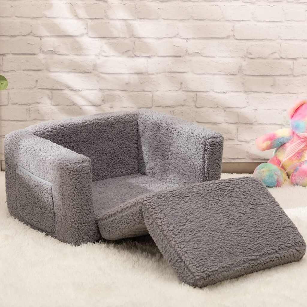 Kindersofa bed 2-in-1 omvormbare peuter sofa naar ligstoel grijs zachte kinderbank sherpa pluche ontspanningsstoel