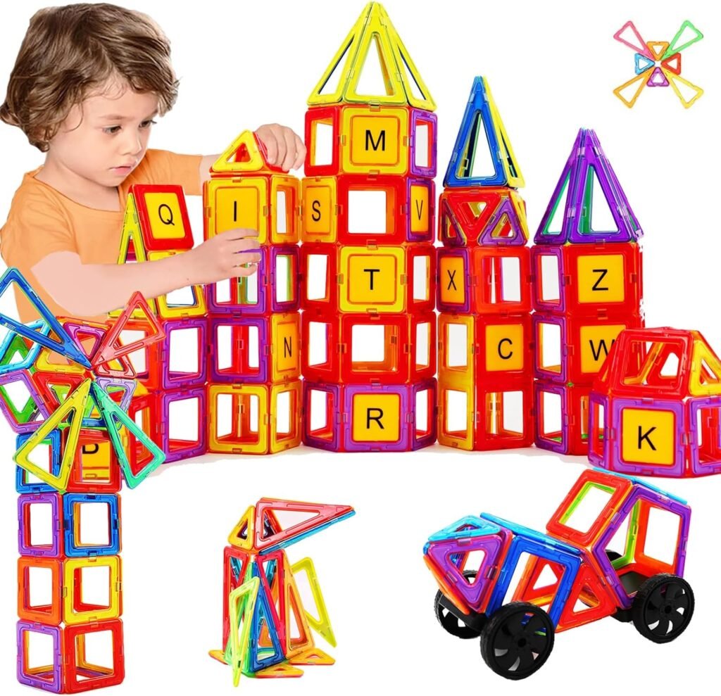 124-delig magnetisch bouwstenen speelgoed set – kleurrijke magnetische tegels en bouwblokken met wielen, cijferkaarten en reuzenrad – STEM speelgoed voor kinderen vanaf 3 jaar