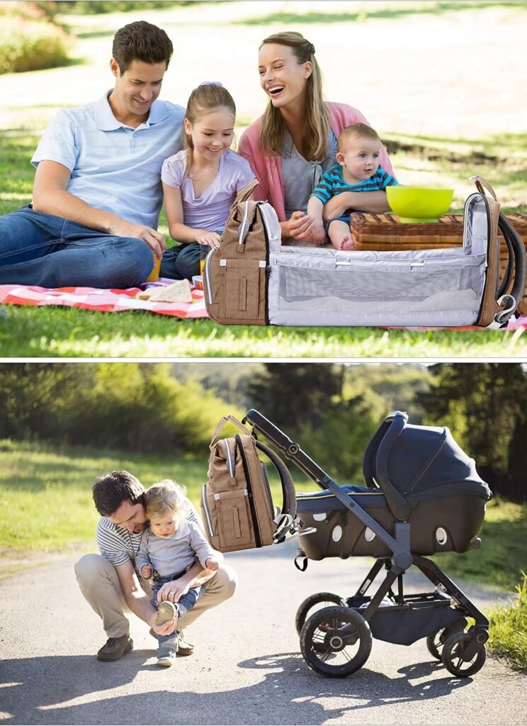 Multifunctionele luiertas rugzak met opvouwbaar babybed en verzorgingsstation khaki voor reizen en dagjes uit