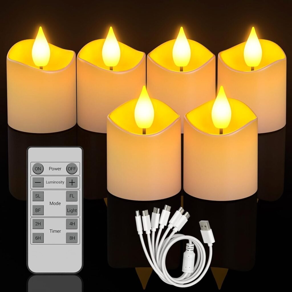 Set van 6 oplaadbare LED waxinelichtjes met flikkerend effect, afstandsbediening en timer – elektrische kaarsen USB-C voor feest en woondecoratie