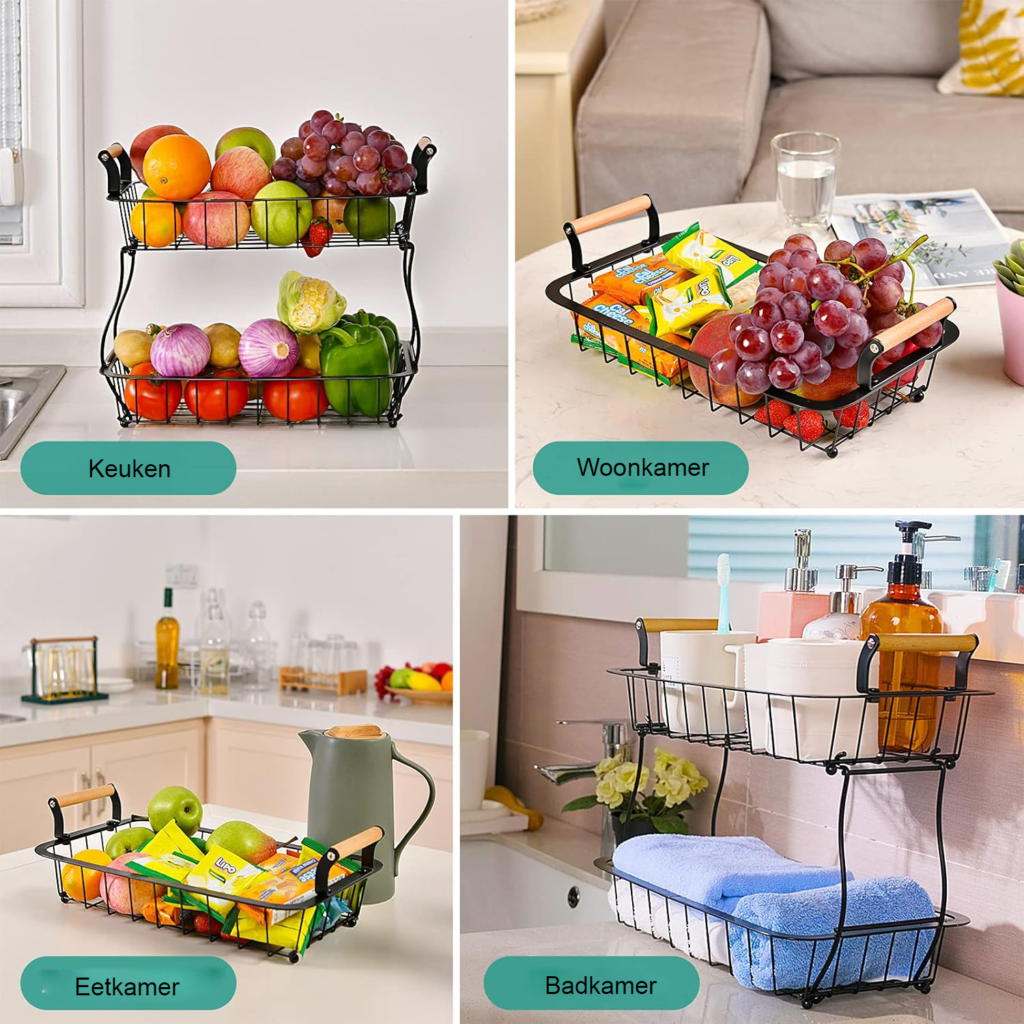 2-laags fruitmand van metaal met houten handvatten, zwarte keuken organizer voor fruit, groenten, brood en snacks 33x17,8 cm.