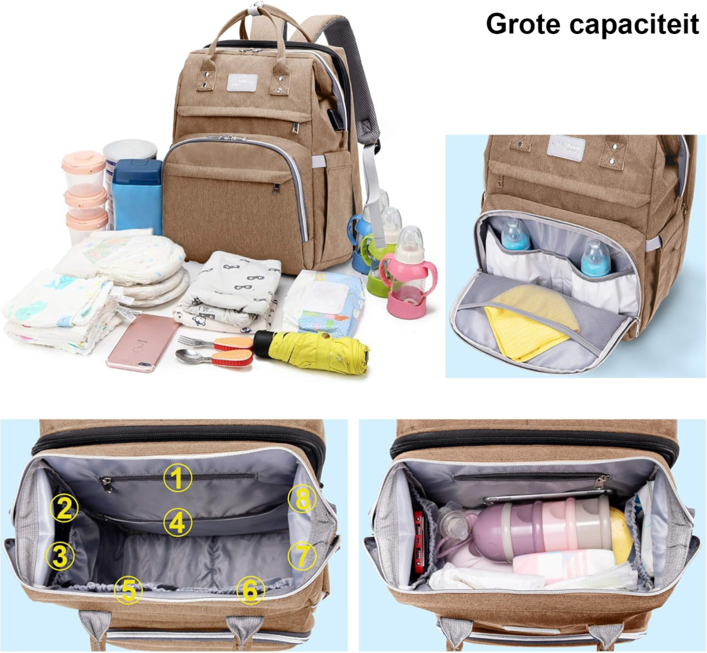 Multifunctionele luiertas rugzak met opvouwbaar babybed en verzorgingsstation khaki voor reizen en dagjes uit