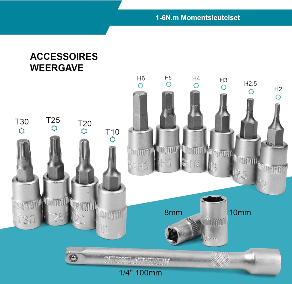 Momentsleutel 1/4 inch 1-6 Nm voor fiets en motorfiets met microinstelling, bitdoppen en verlengstang