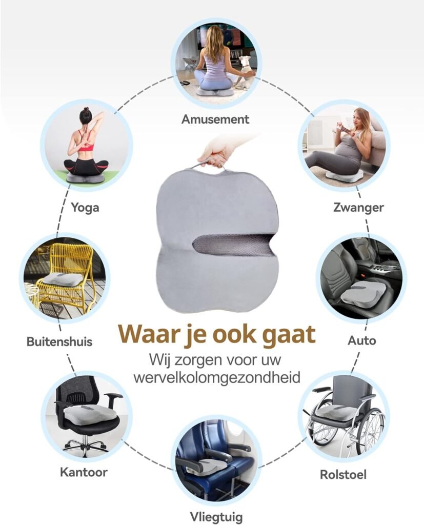 Ergonomisch zitkussen memory foam met coccyx ondersteuning voor bureaustoel auto en rolstoel grijs orthopedisch drukverlagend zitkussen