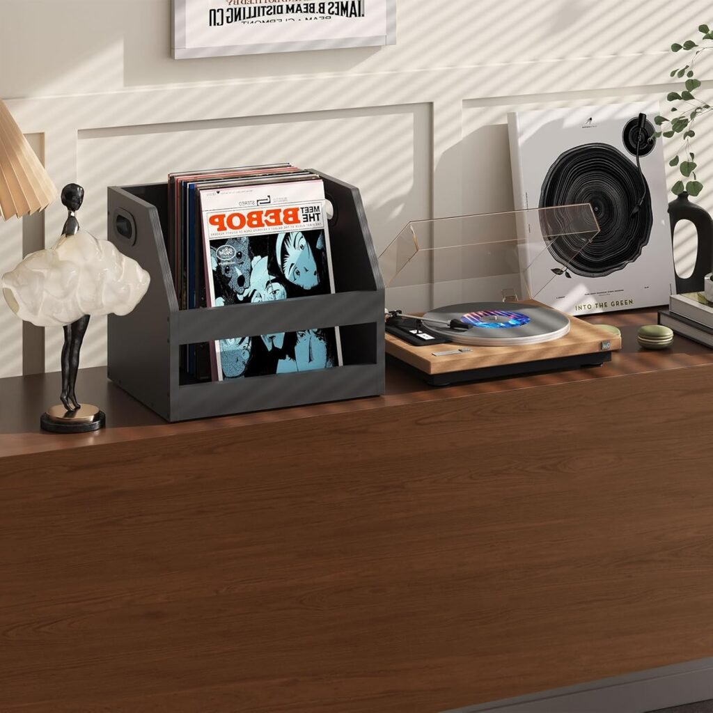 Houten vinyl platen opbergbox met handvat – LP organizer voor albums, boeken en foto’s – trapezium design zwart 38 x 29 x 29 cm