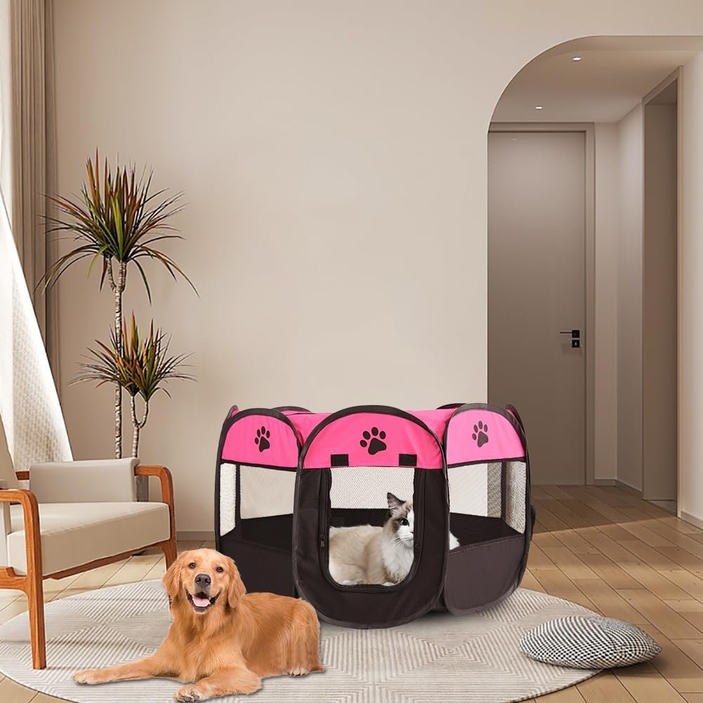 Opvouwbare puppyren roze zwart 74x74x43 cm waterdichte dierenren voor honden katten konijnen en cavia's binnen en buitengebruik