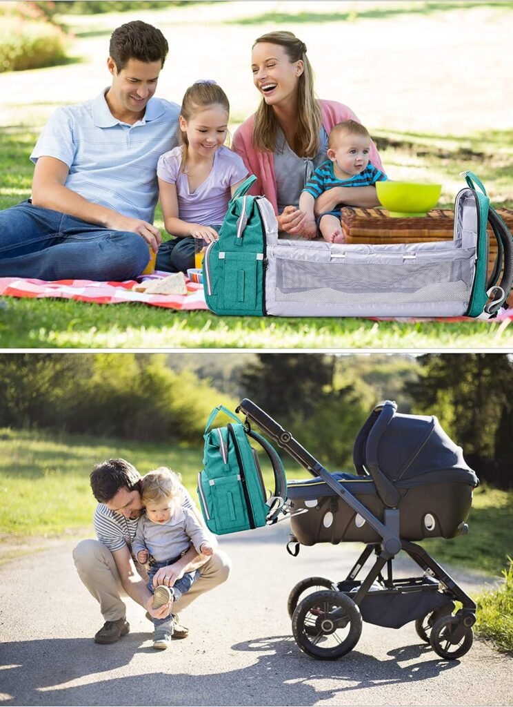 Mintgroene luiertas rugzak met grote capaciteit, opvouwbaar babybed, schaduwdoek en geïsoleerde flessenvakken voor baby's en reizen.