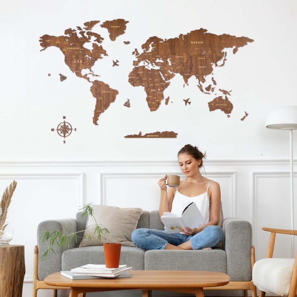Houten wereldkaart wanddecoratie van notenhout 150x85 cm voor muurdecoratie in woonkamer of kantoor
