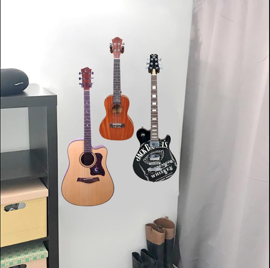 Gitaar wandhangers set van 3 – houten muurhouders voor akoestische en elektrische gitaar, ukulele, bas en banjo – wandmontage gitaarhouder zwarte en houten afwerking
