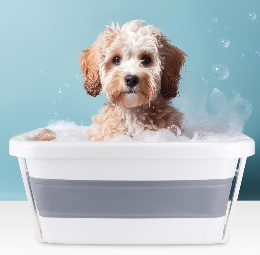 Opvouwbare hondenbadkuip met stevige ondersteuning voor kleine en middelgrote honden en katten in grijs en wit