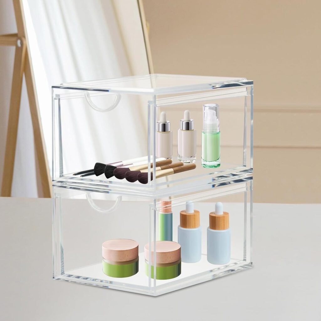 Stapelbare transparante acryl make-up organizer 2-pack opbergdozen voor badkamer, slaapkamer en keuken als lade en dressoir opbergsysteem