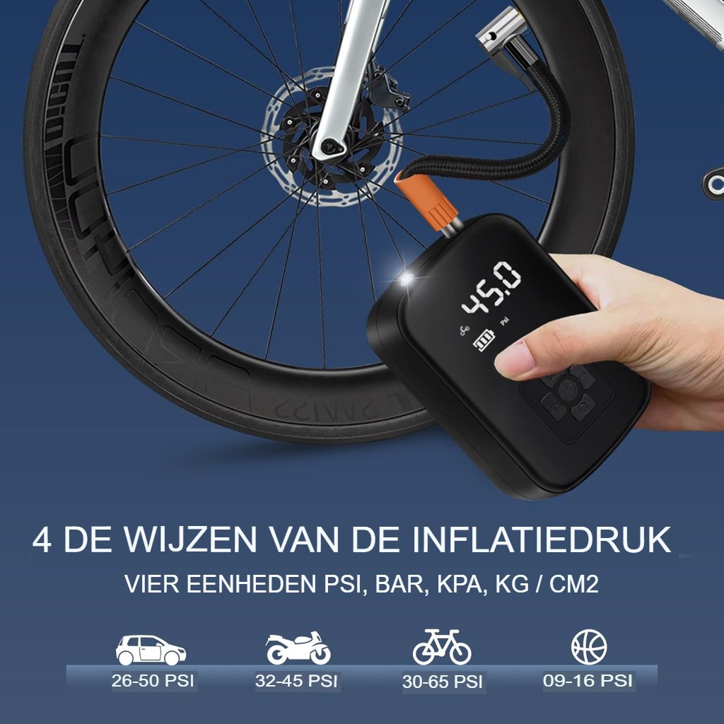 Elektrische fietspomp 150 PSI draagbare luchtcompressor met digitale manometer voor auto en fiets oplaadbaar met opzetstukken