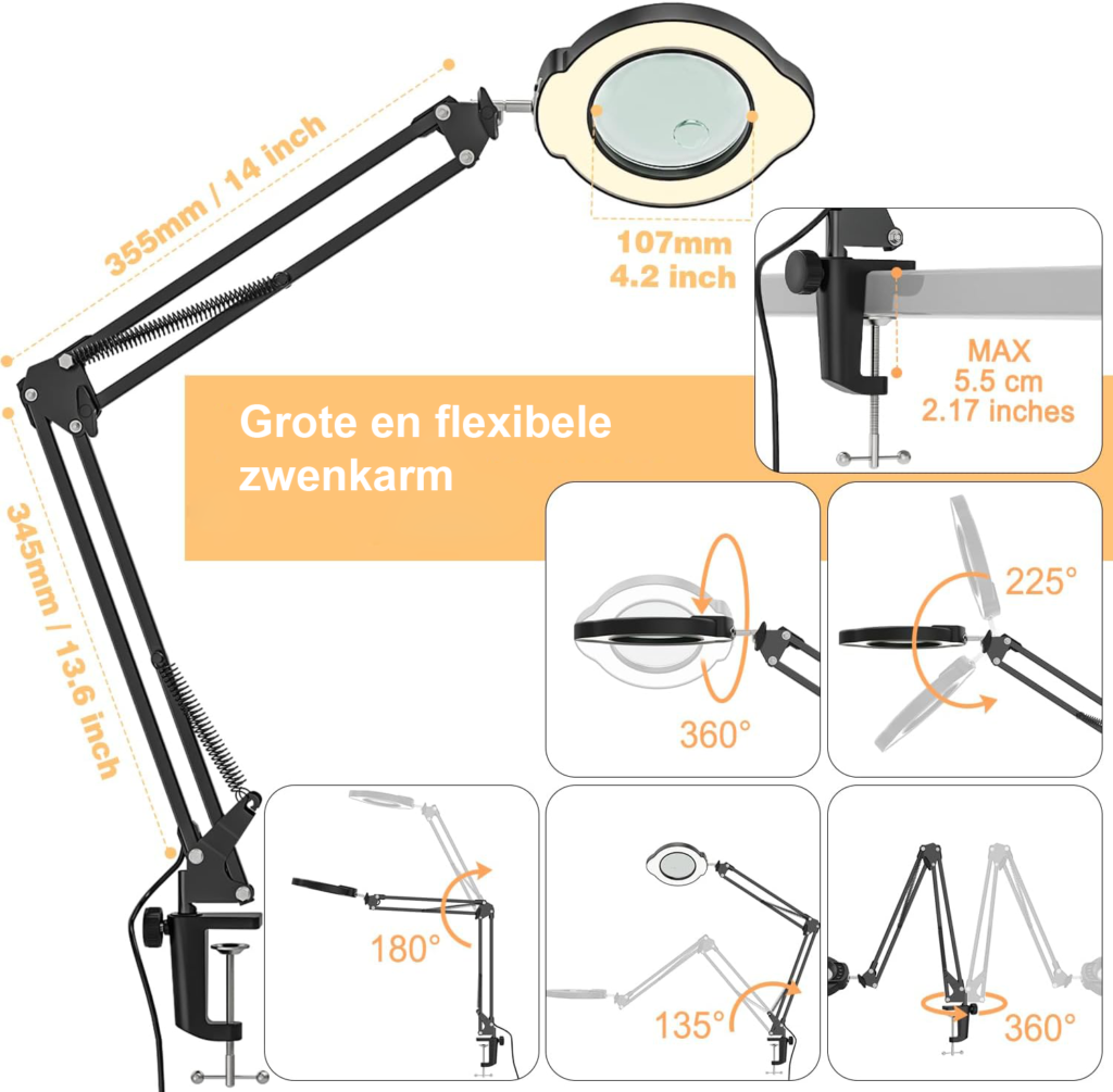 Vergrootglas lamp met klem en LED tafellamp met verstelbare verlichting en vergroting voor hobby, knutselen en reparaties op werkbank
