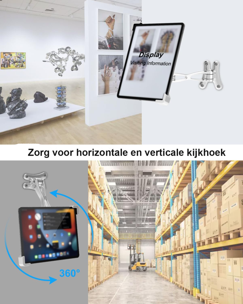 Aluminium tablet muurbeugel met 360 graden draaibare wandhouder en anti-diefstal slot voor 9-14 inch tablets geschikt voor kiosk en POS gebruik