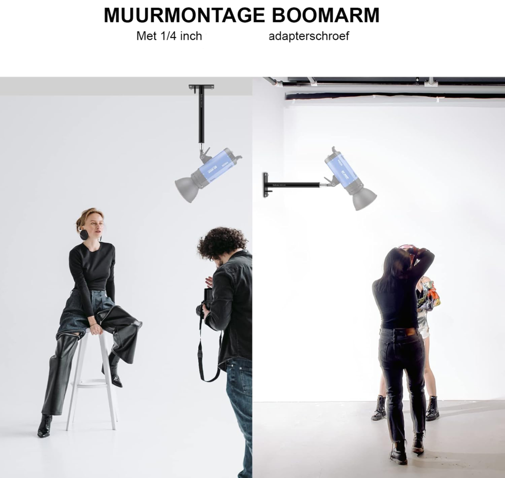 Muurbeugel fotografie arm 28,5 cm - verstelbare plafond- en wandmontage met 1/4 inch adapter voor studioverlichting, paraplu's en reflectoren