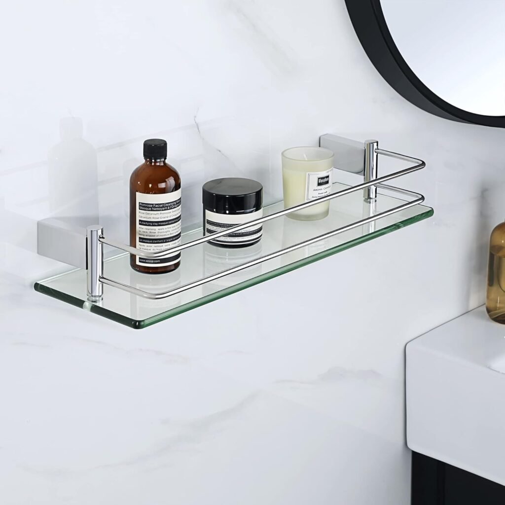 gehard glazen badkamer wandplank met RVS ophangsysteem, 8 mm zwevende glazen plank voor badkamer opbergruimte