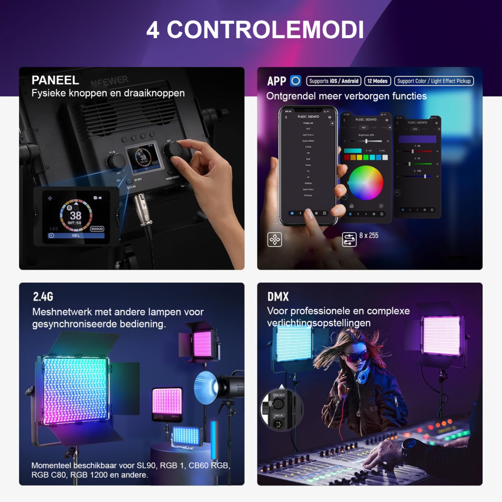 Set van 2 RGB LED videolampen 60W 23000 lux studioverlichting met statief DMX app 2.4G bediening 2500K-10000K inclusief draagtas